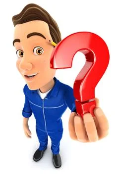 3d mechanic holding a question mark icon Stock Illustration