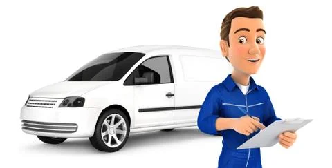 3d mechanic with notepad in front of car Ilustração Stock