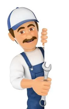 3D Mechanic pointing aside. Blank space Stock Illustration