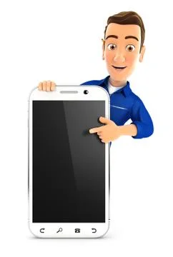 3d mechanic pointing to blank smartphone Stock Illustration