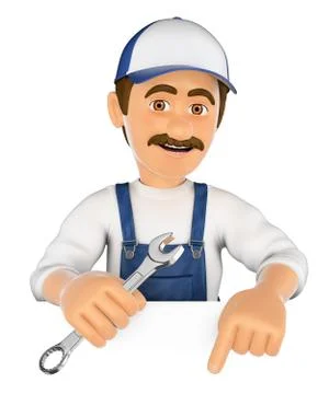 3D Mechanic pointing down. Blank space Stock Illustration