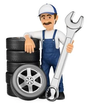 3D Mechanic with a stack of tyres and a huge wrench Stock Illustration