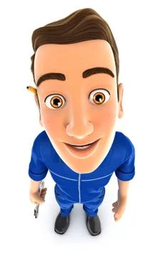 3d mechanic standing and looking up at camera Stock Illustration
