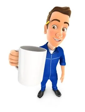 3d mechanic standing with cup Illustrazione stock