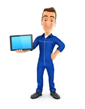 3d mechanic standing with a tablet Stock Illustration