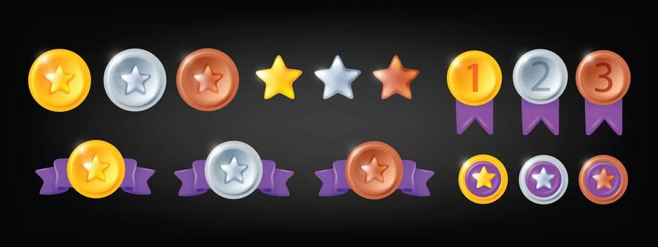 3D medal game set, vector level up UI golden silver bronze badge kit RPG Stock Illustration