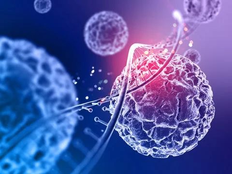 3d medical background with close up of virus cells and DNA strand Stock Illustration