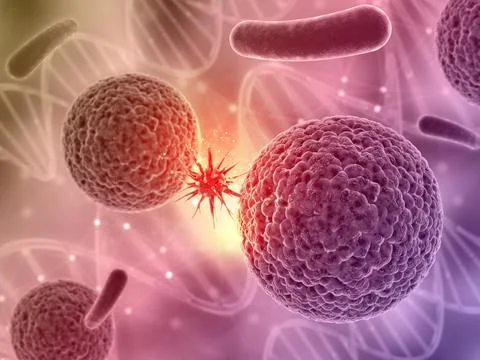 3D medical background with a virus cell attacking another Stock-Illustration