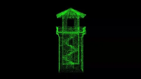 3D medieval observation tower on black bg. Object dissolved green flickerin.. Stockillustratie