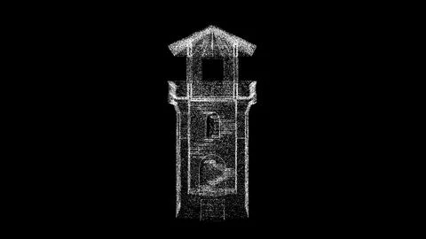 3D medieval observation tower on black bg. Object dissolved white flickerin.. Stock-Illustration