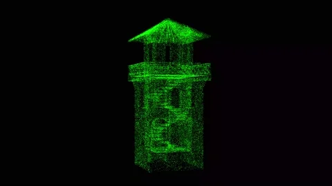 3D medieval observation tower rotates on black bg. Object dissolved green Stock Footage 235945562