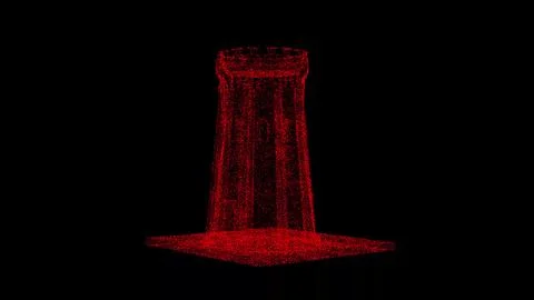 3D medieval tower on black bg. Object dissolved red flickering particles. B.. Illustrazione stock