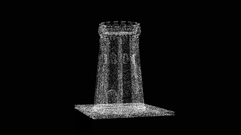 3D medieval tower rotates on black bg. Object dissolved white flickering Stock Footage 240089414
