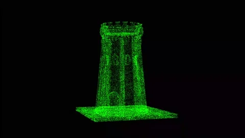 3D medieval tower rotates on black bg. Object dissolved green flickering Stock Footage 240089420