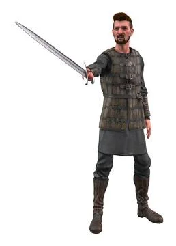 3D Medieval Warrior in Armor Holding Sword Stock Illustration