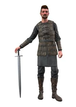 3D Medieval Warrior in Armor Holding Sword Stock Illustration
