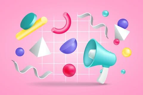 3d megaphone, announcement background, ad render icons. Sound speakerphone,.. Stock Illustration