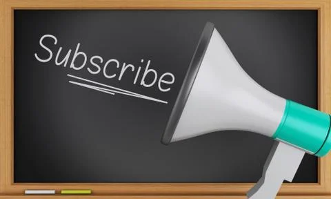 3d megaphone with subscribe text on blackboard. Illustrazione stock