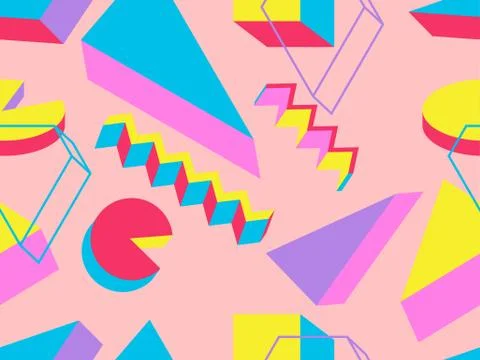 3d memphis seamless pattern with geometric shapes in style 80s. Background fo Stock Illustration