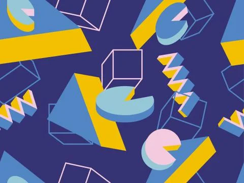 3d memphis seamless pattern with geometric shapes in style 80s. Background fo Stock Illustration