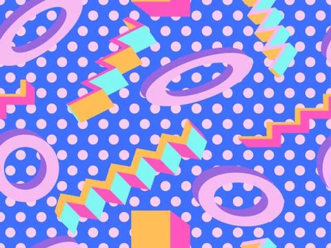 3d memphis seamless pattern with geometric shapes in style 80s. Background fo Stock Illustration