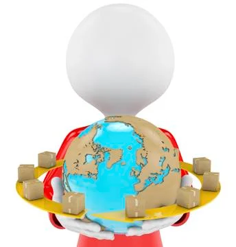 3d men with mini carton boxes, arrow around the world Stock Illustration