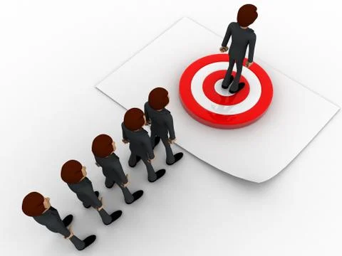 3d men in queue and standing on target board one by one concept Stock Illustration