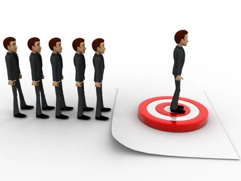 3d men in queue and standing on target board one by one concept Stock Illustration