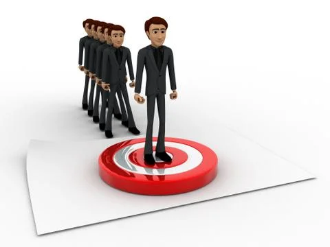 3d men in queue and standing on target board one by one concept イラスト素材