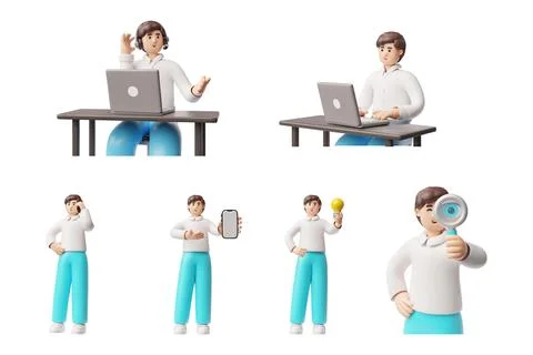 3D men sitting at a table with a laptop, standing with a phone, a light bulb, a Stock Illustration