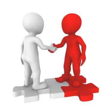 3d men standing on puzzles, handshake Stock Illustration