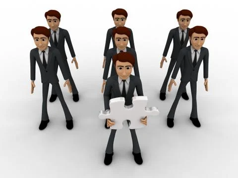3d men in three line and one man holding puzzle piece with text here concept Stock Illustration