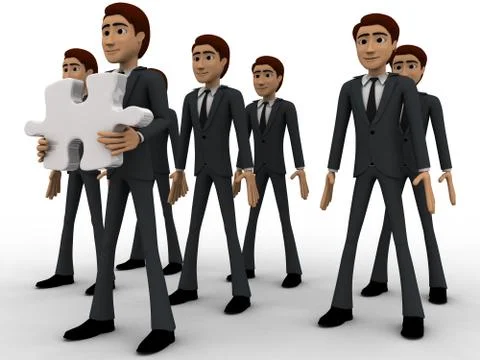 3d men in three line and one man holding puzzle piece with text here concept Stock Illustration