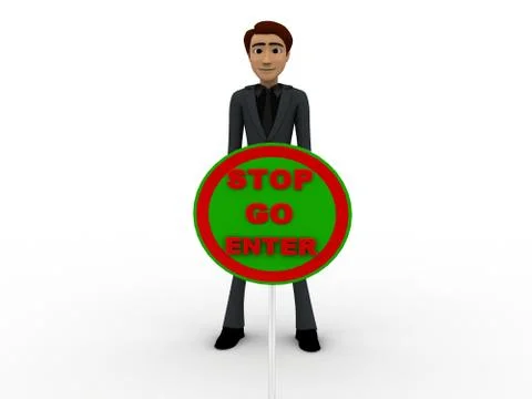 3d men with with three sign board stop, go and enter concept Stock Illustration