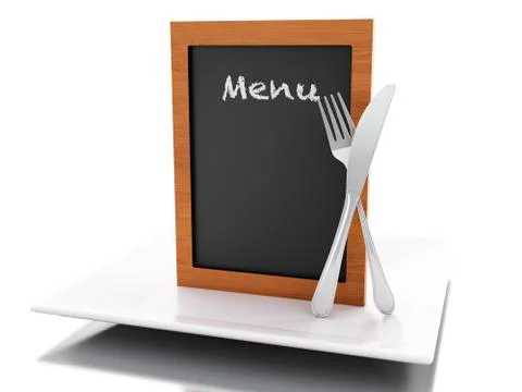 3d Menu board with plate, fork and knife. Stock Illustration