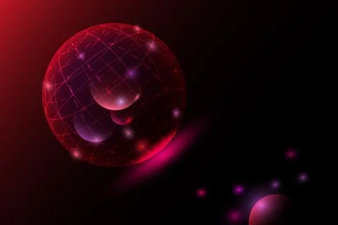 A 3d mesh sphere with small spheres inside with a glow on a black and red bac Stock Illustration