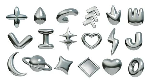 3D metal elements. Y2k chrome shape. Flower and arrow. Abstract graphic texture Stock Illustration
