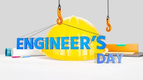 3D Metal Engineer's Day text attached on wire-frame structure hanging  스톡 일러스트
