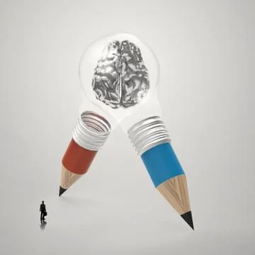 3d metal human brain inside pencil light bulb  as concept Stock Illustration