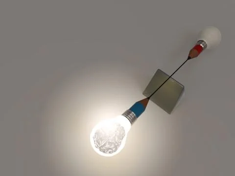 3d metal human brain inside false balance of pencil lightbulb as concept Stock Illustration
