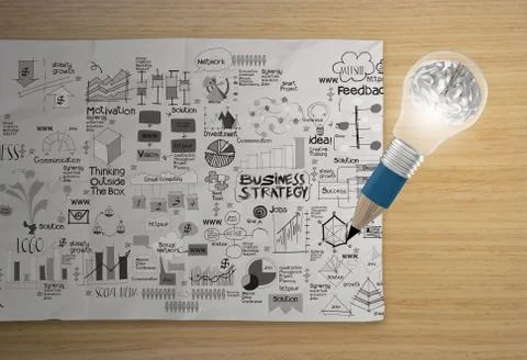 3d metal human brain inside pencil light bulb with business strategy as conce イラスト素材