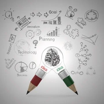 3d metal human brain inside pencil light bulb with business strategy as conce Stock Illustration
