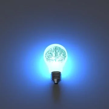 3d metal human brain in a lightbulb as creative concept Иллюстрация