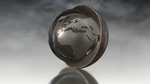 3d metal terrestrial globe rotating between two hemispheres in cloud background Stock Footage 140047434