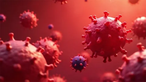 3D microscopic animation of red virus particles floating Stock Footage 313944100