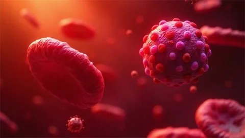 3D microscopic animation of a virus particle surrounded Stock Footage 313944096