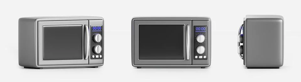3d microwave oven front, side and angle view. Kitchen electric appliance for Illustrazione stock
