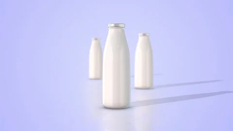 3D Milk Bottles on a Reflective Floor. Glass Milk Bottles 3D Animation. 4K Stock Footage 290074363