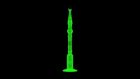 3D minaret on black bg. Object dissolved green flickering particles. Business Illustrazione stock