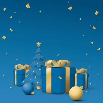 3D miniature model of blue and gold gift boxes and decorated Christmas tree.. Stock Illustration